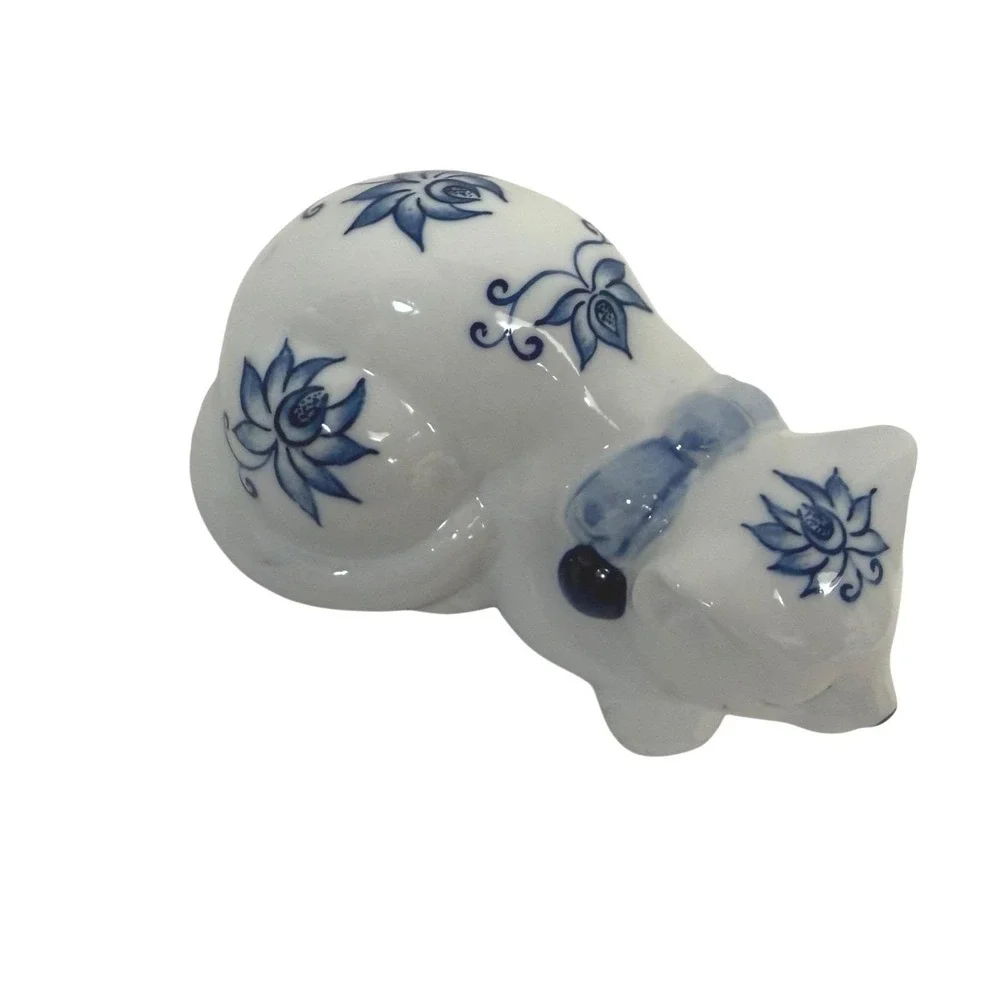 Andrea by Sadek Sleeping Cat Figurine Japan Blue White Floral Porcelain Vintage